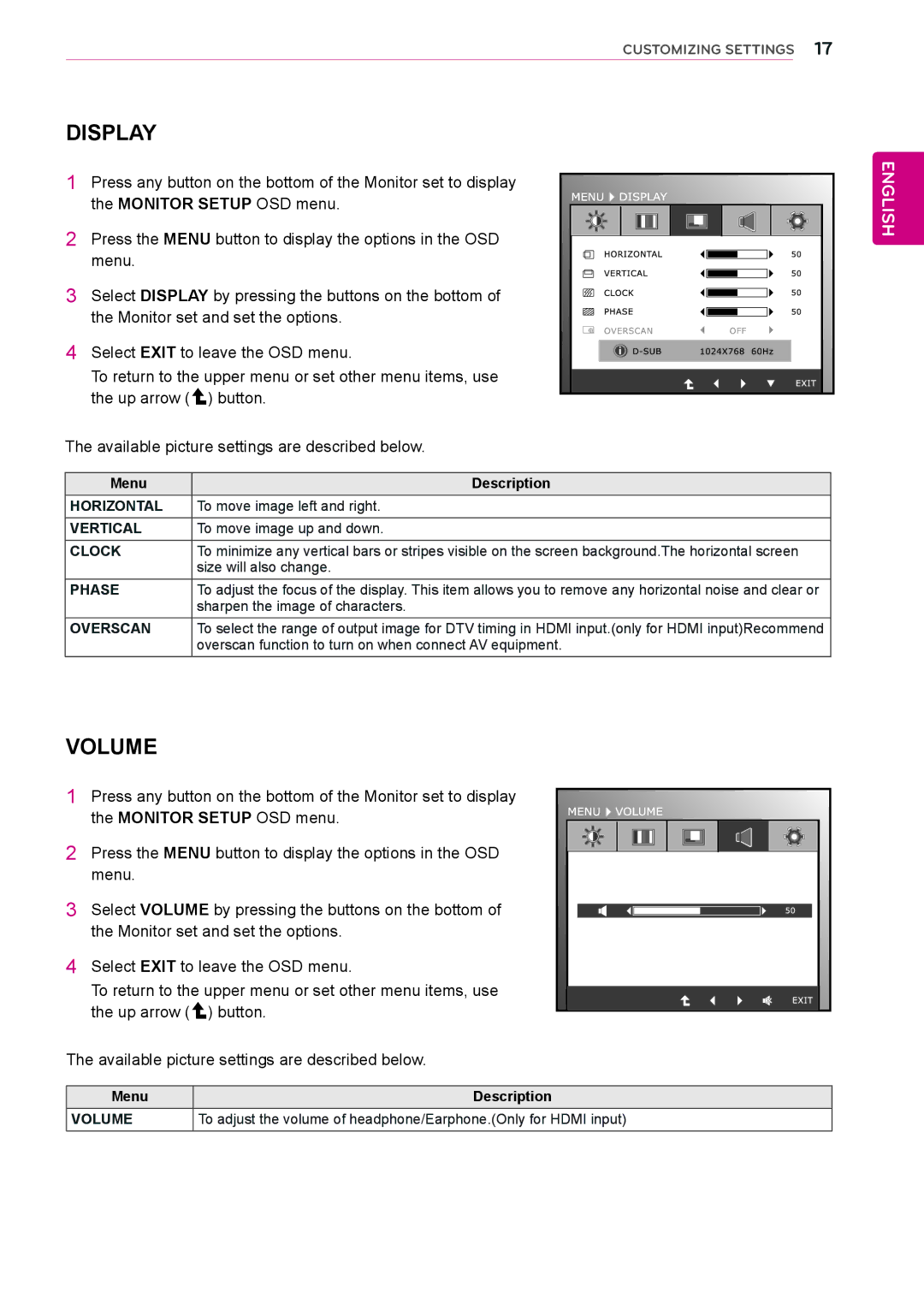 LG Electronics IPS235P, IPS225P owner manual Monitor Setup OSD menu, Vertical, Clock, Phase, Overscan 