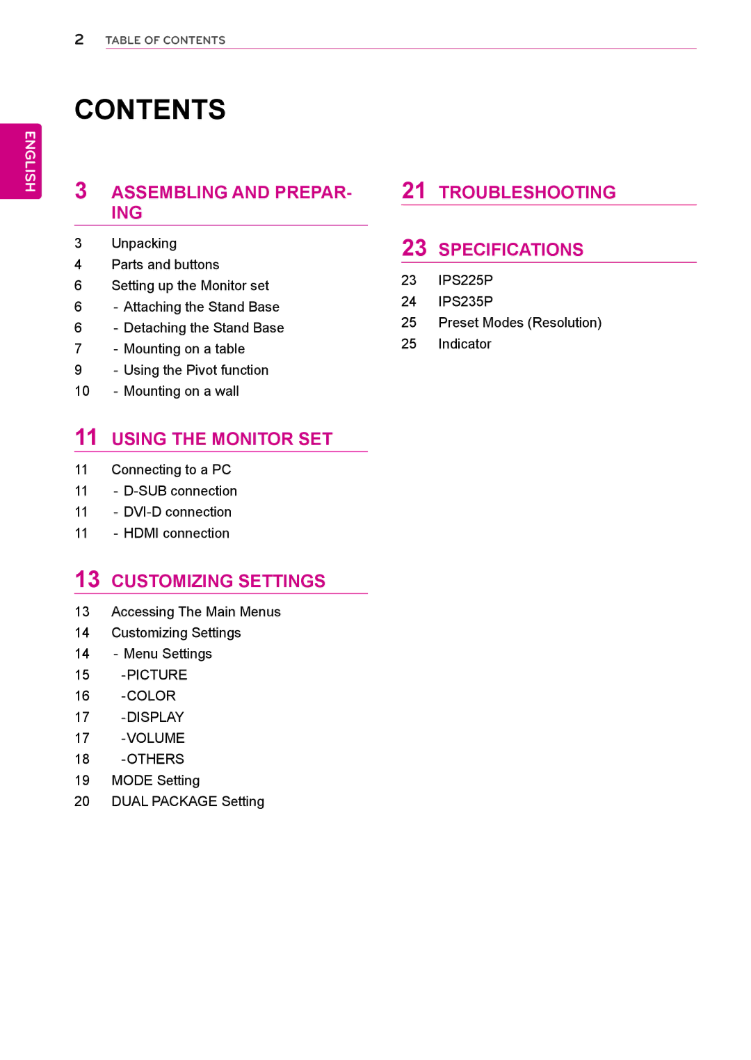 LG Electronics IPS225P, IPS235P owner manual Contents 