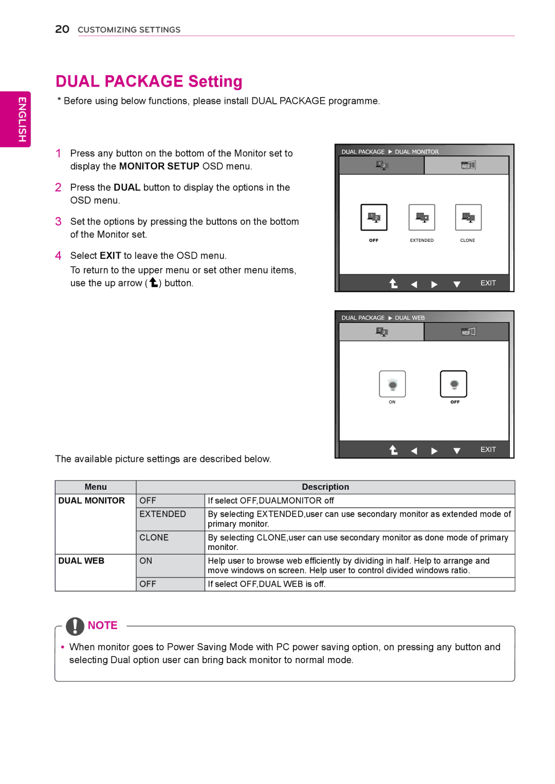 LG Electronics IPS225P Dual Package Setting, Available picture settings are described below, Dual Monitor OFF, Dual WEB 