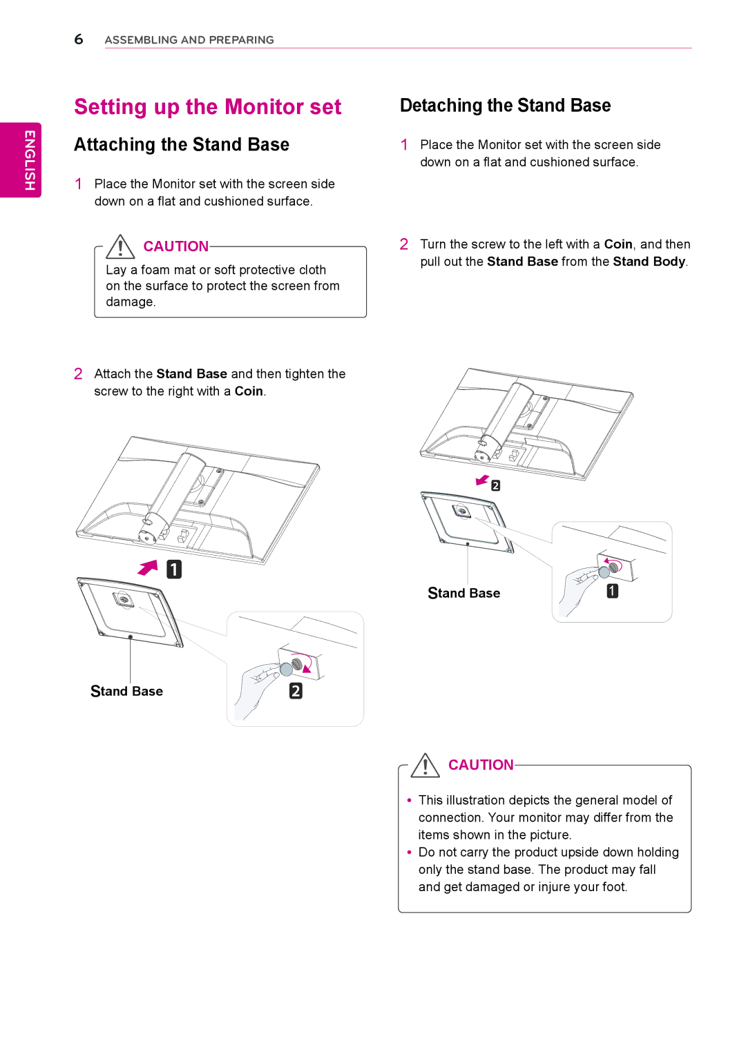 LG Electronics IPS225P, IPS235P owner manual Setting up the Monitor set, Attaching the Stand Base, Detaching the Stand Base 