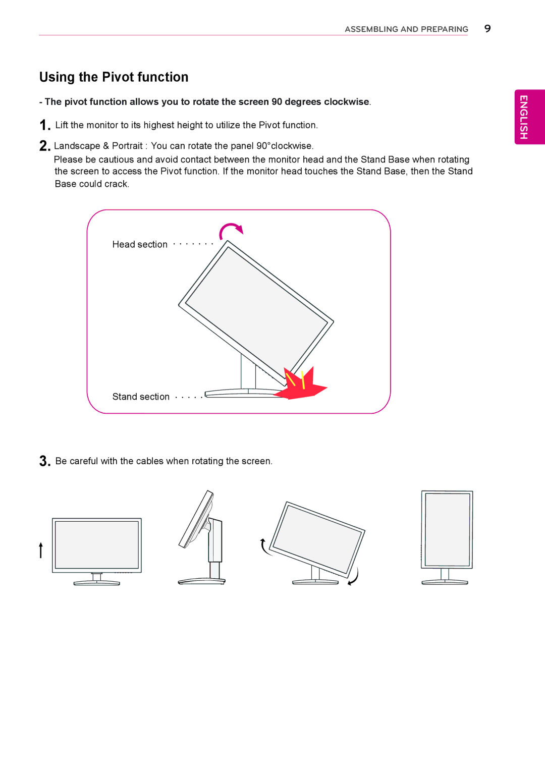 LG Electronics IPS235P, IPS225P owner manual Using the Pivot function 