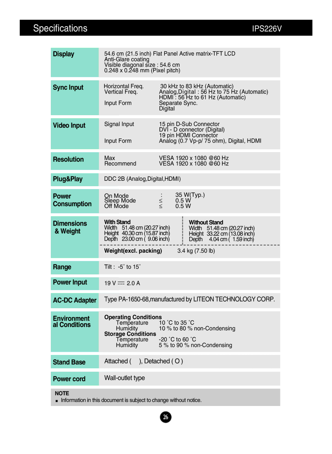 LG Electronics IPS236V, IPS226V owner manual Specifications 