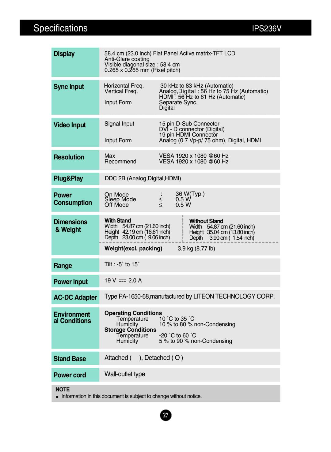 LG Electronics IPS226V owner manual IPS236V 