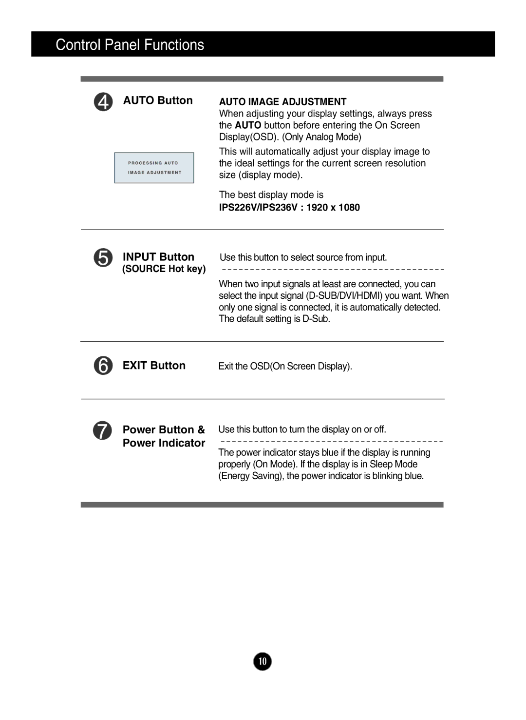 LG Electronics IPS226V owner manual Auto Button, Input Button, Exit Button, Power Indicator, Auto Image Adjustment 