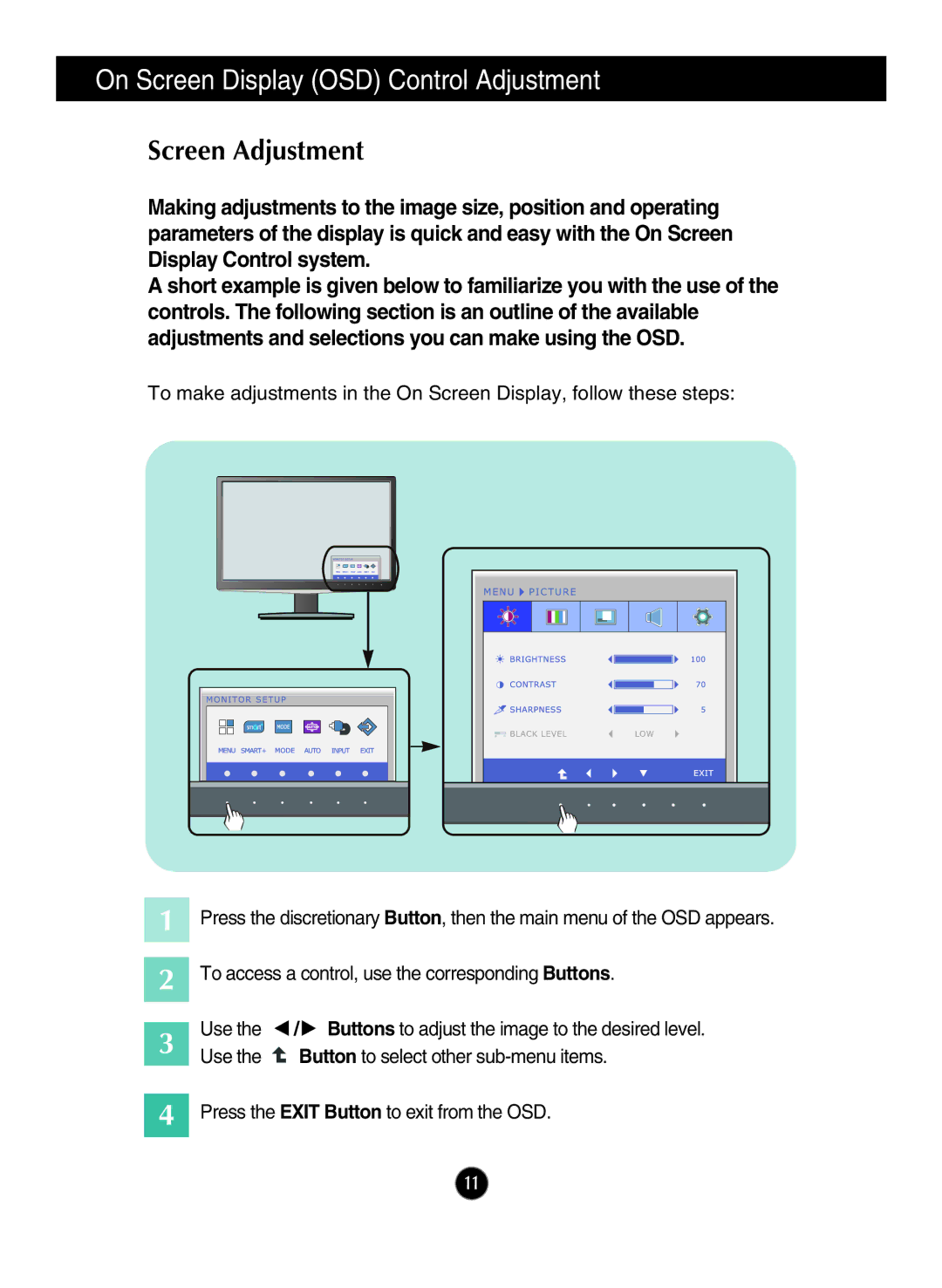 LG Electronics IPS226V owner manual On Screen Display OSD Control Adjustment, Screen Adjustment 