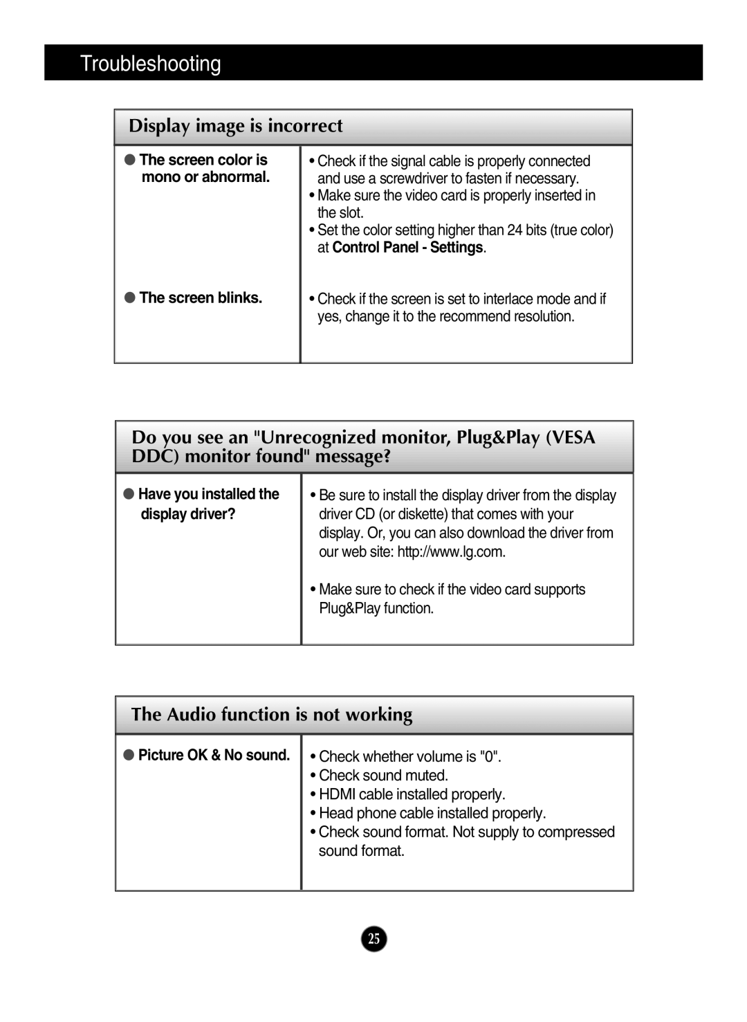 LG Electronics IPS226V owner manual Screen blinks, Have you installed the display driver? 