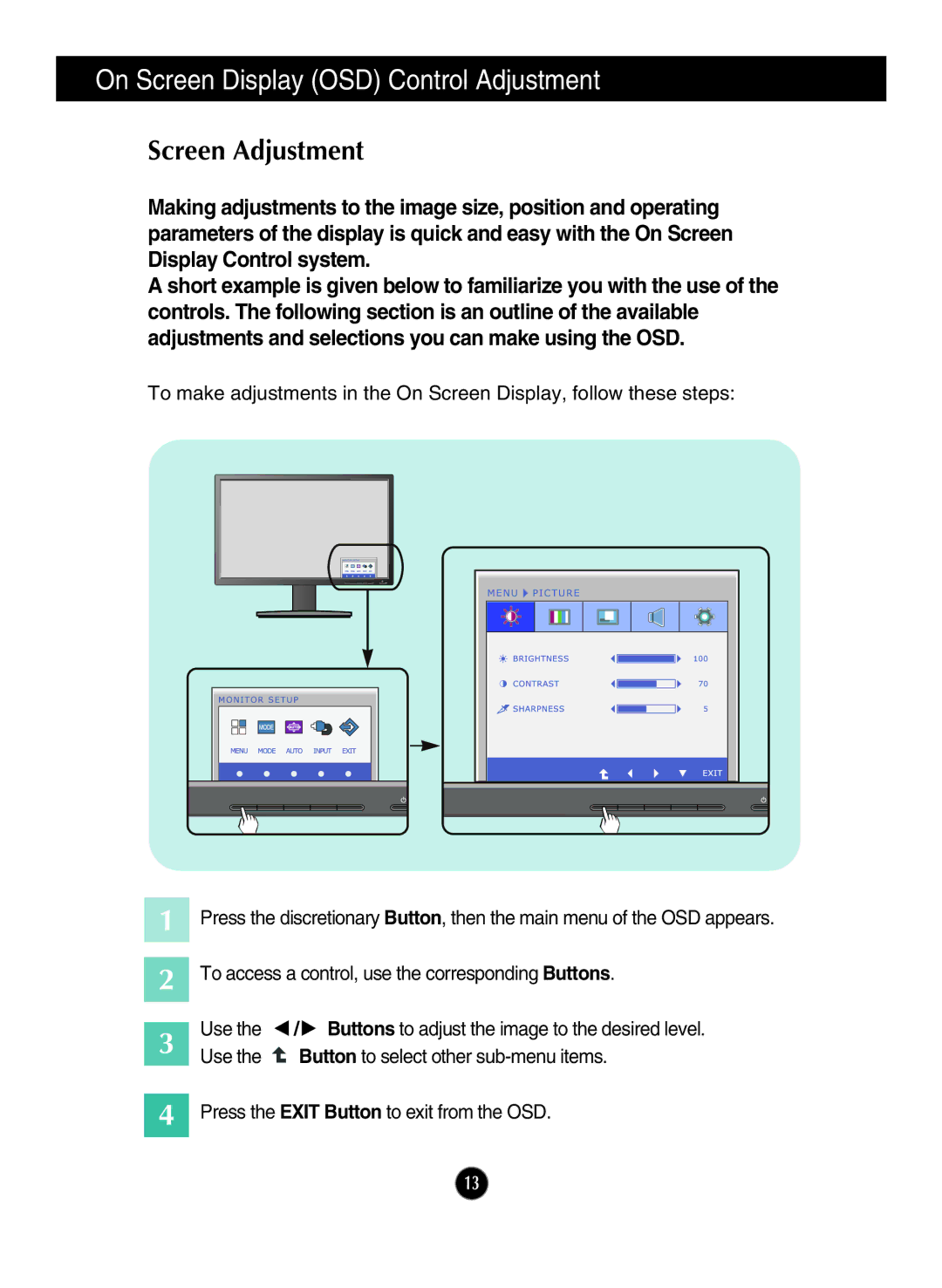 LG Electronics ips231p owner manual On Screen Display OSD Control Adjustment, Screen Adjustment 