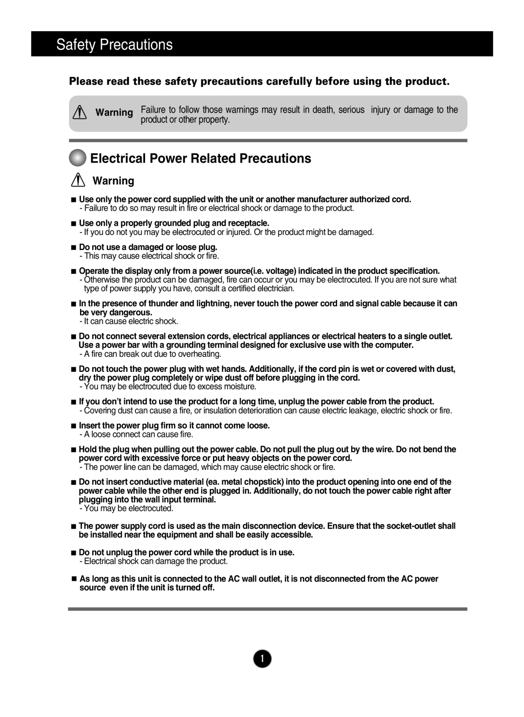 LG Electronics ips231p owner manual Safety Precautions, Use only a properly grounded plug and receptacle 