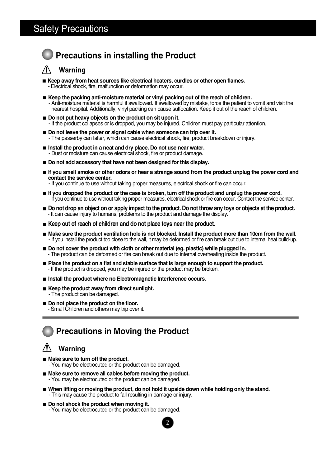 LG Electronics ips231p Do not put heavy objects on the product on sit upon it, Make sure to turn off the product 