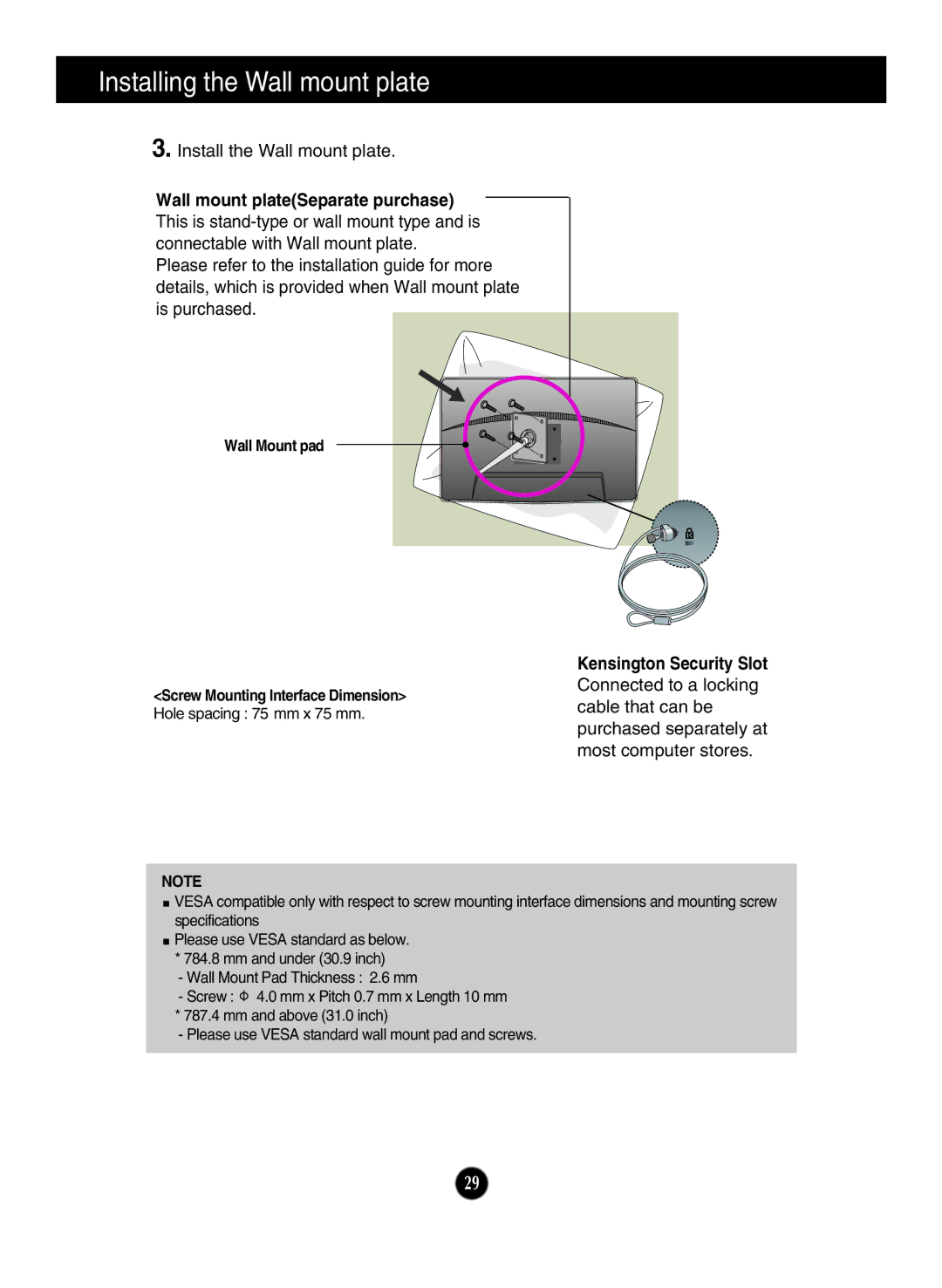 LG Electronics ips231p owner manual Wall mount plateSeparate purchase, Kensington Security Slot, Wall Mount pad 