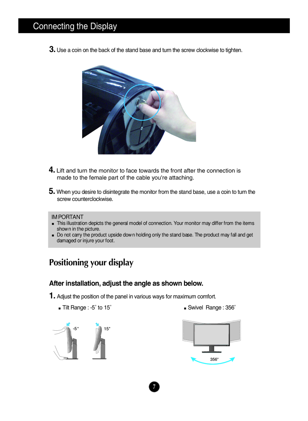 LG Electronics ips231p owner manual Positioning your display, After installation, adjust the angle as shown below 