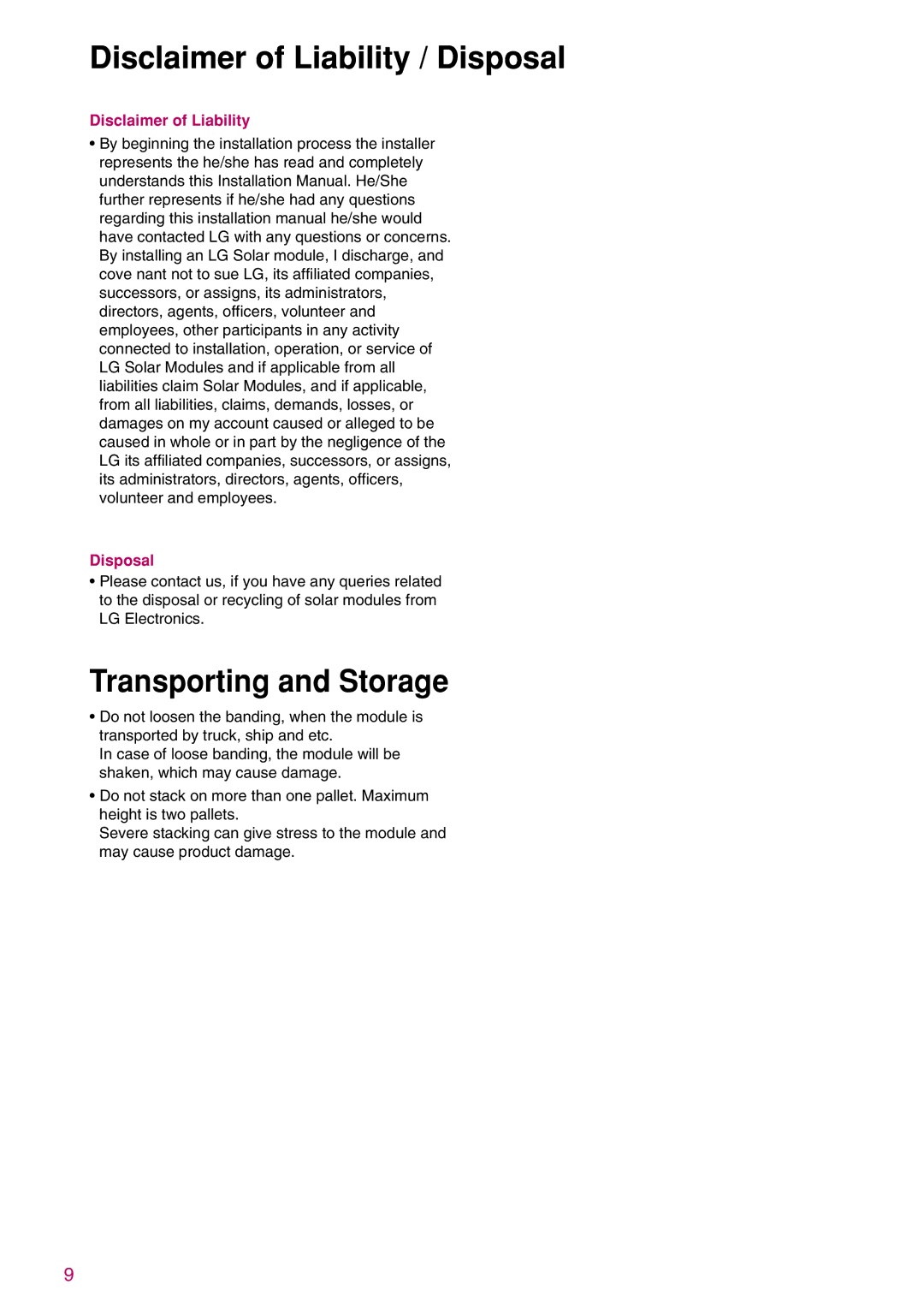 LG Electronics K)-A3, K)-B3, LGXXXN1C(W Disclaimer of Liability / Disposal, Transporting and Storage 