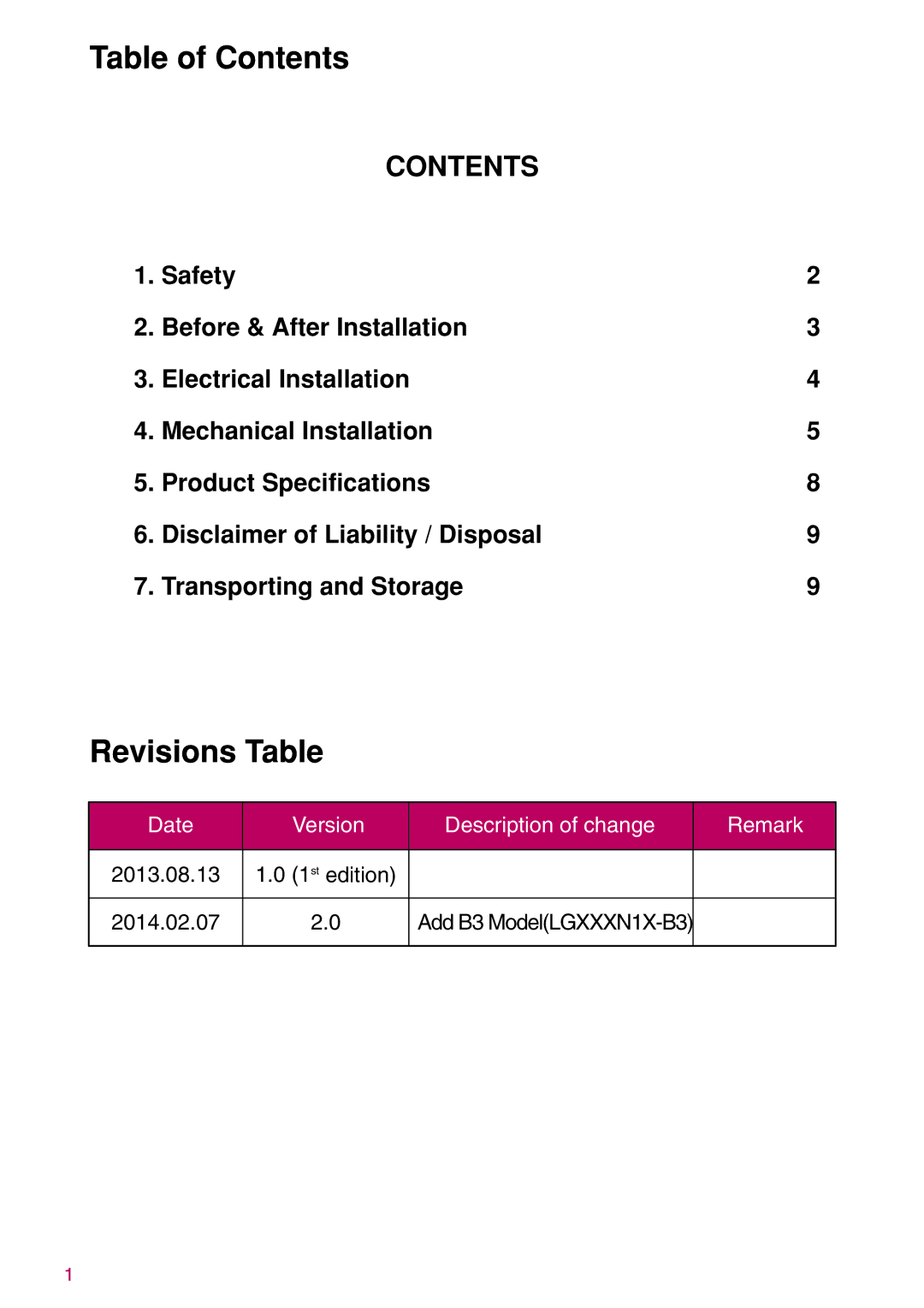 LG Electronics LGXXXN1C(W, K)-B3, K)-A3 installation instructions Table of Contents, Revisions Table 