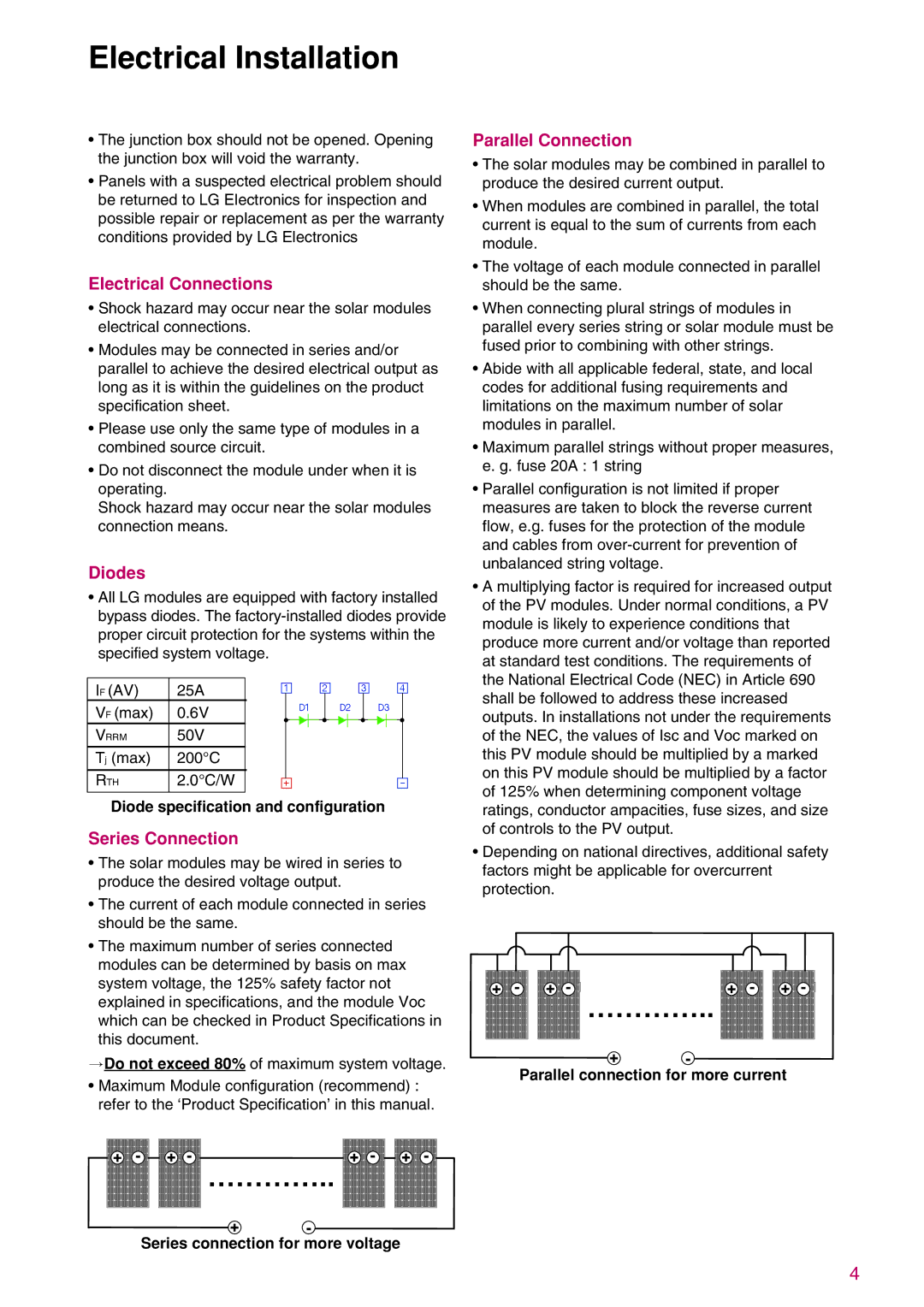 LG Electronics LGXXXN1C(W, K)-B3, K)-A3 Electrical Connections, Diodes, Series Connection, Parallel Connection 