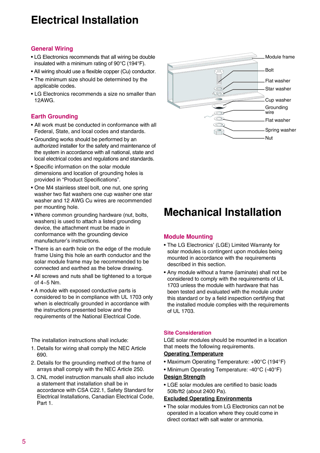 LG Electronics K)-B3, K)-A3, LGXXXN1C(W Mechanical Installation, General Wiring, Earth Grounding, Module Mounting 