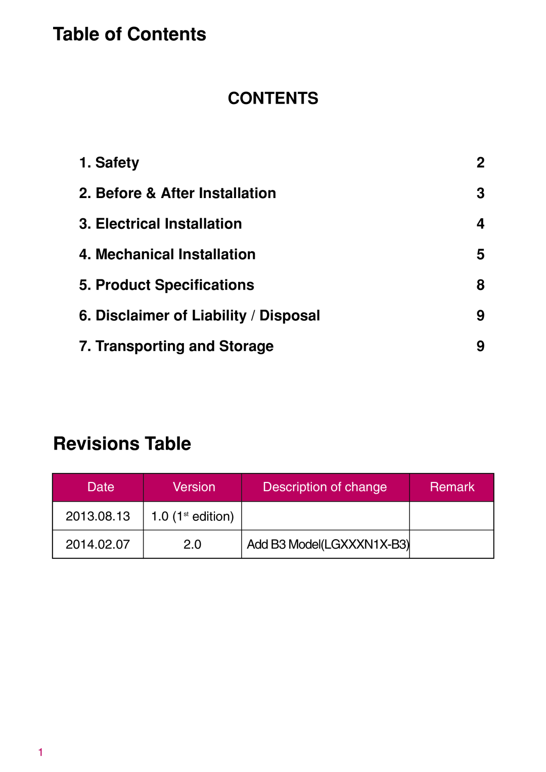LG Electronics LGXXXN1C(W Table of Contents, Revisions Table, Safety, Before & After Installation, Electrical Installation 