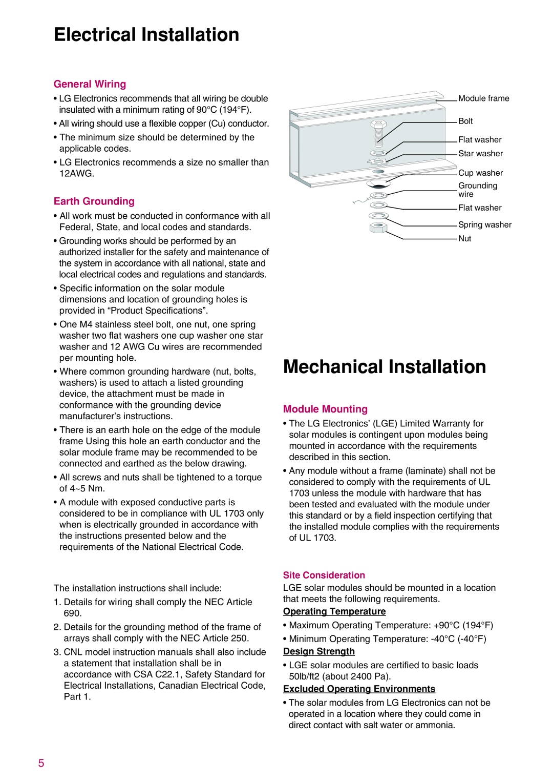 LG Electronics K)-B3, K)-A3 Mechanical Installation, General Wiring, Earth Grounding, Module Mounting, Site Consideration 