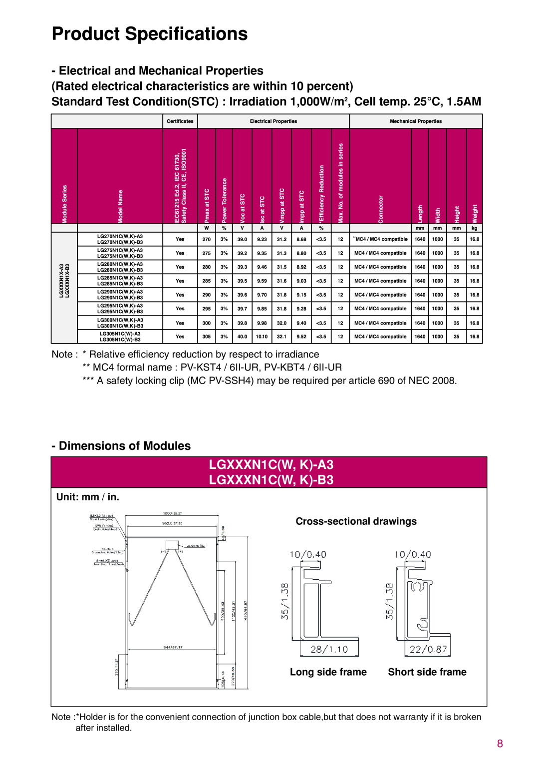LG Electronics K)-B3 Product Specifications, Note * Relative efficiency reduction by respect to irradiance, +2!6-845 