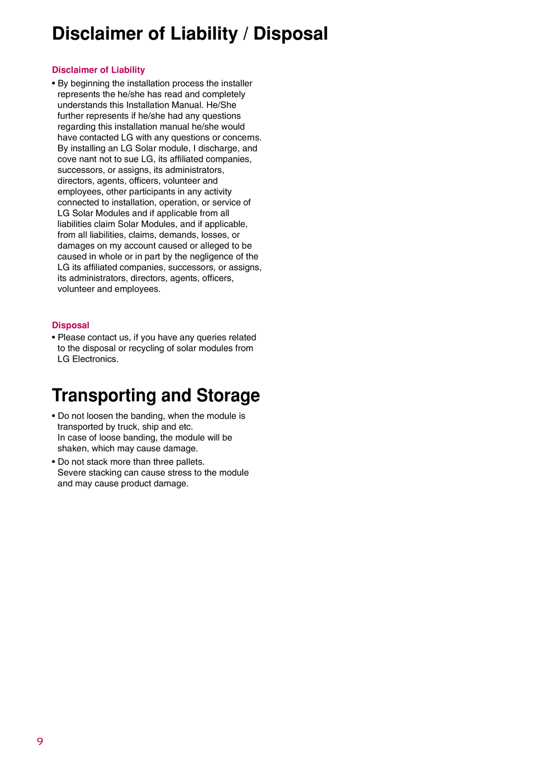 LG Electronics K)-G3, LGXXXS1C(W installation instructions Disclaimer of Liability / Disposal, Transporting and Storage 