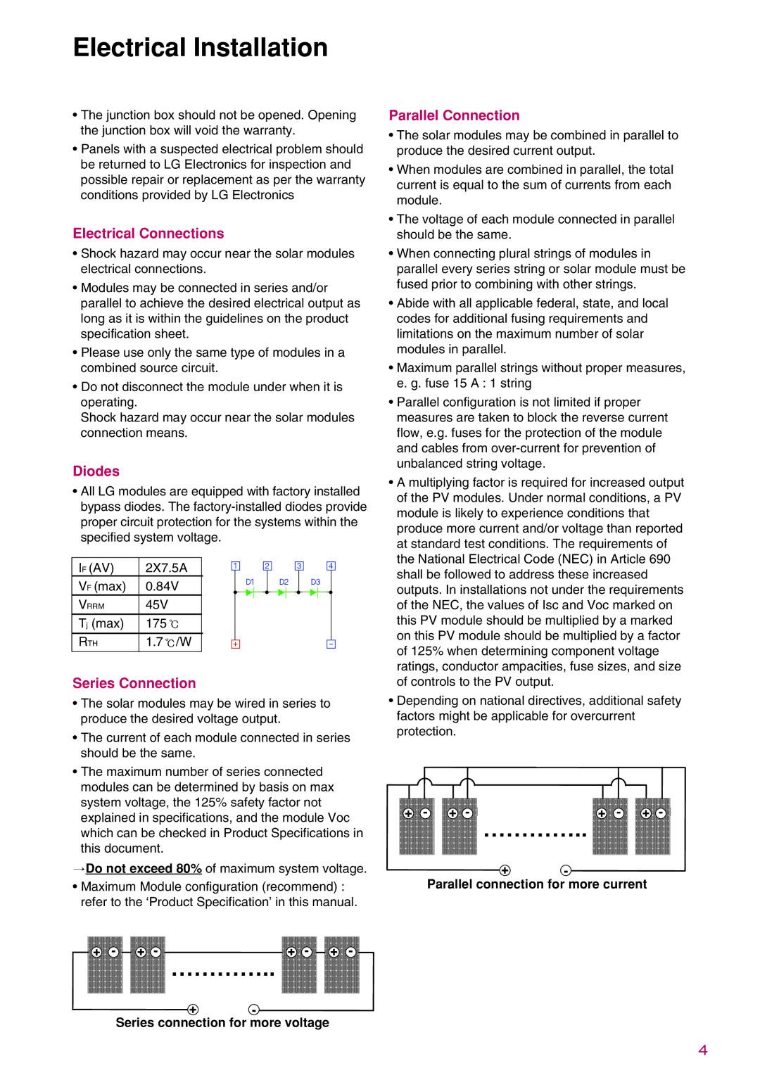 LG Electronics LGXXXS1C(W, K)-G3 Electrical Connections, Diodes, Series Connection, Parallel Connection 