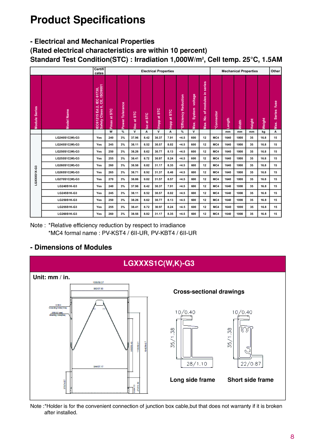 LG Electronics LGXXXS1C(W, K)-G3 Product Specifications, Connector Length Width Height Weight Max. Series fuse 