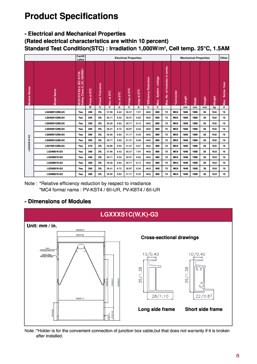 LG Electronics LGXXXS1C(W Product Specifications, Electrical and Mechanical Properties, Dimensions of Modules, Other 
