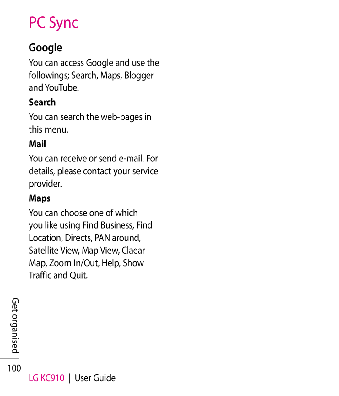 LG Electronics KC910 manual Google, Search, Mail, Maps 