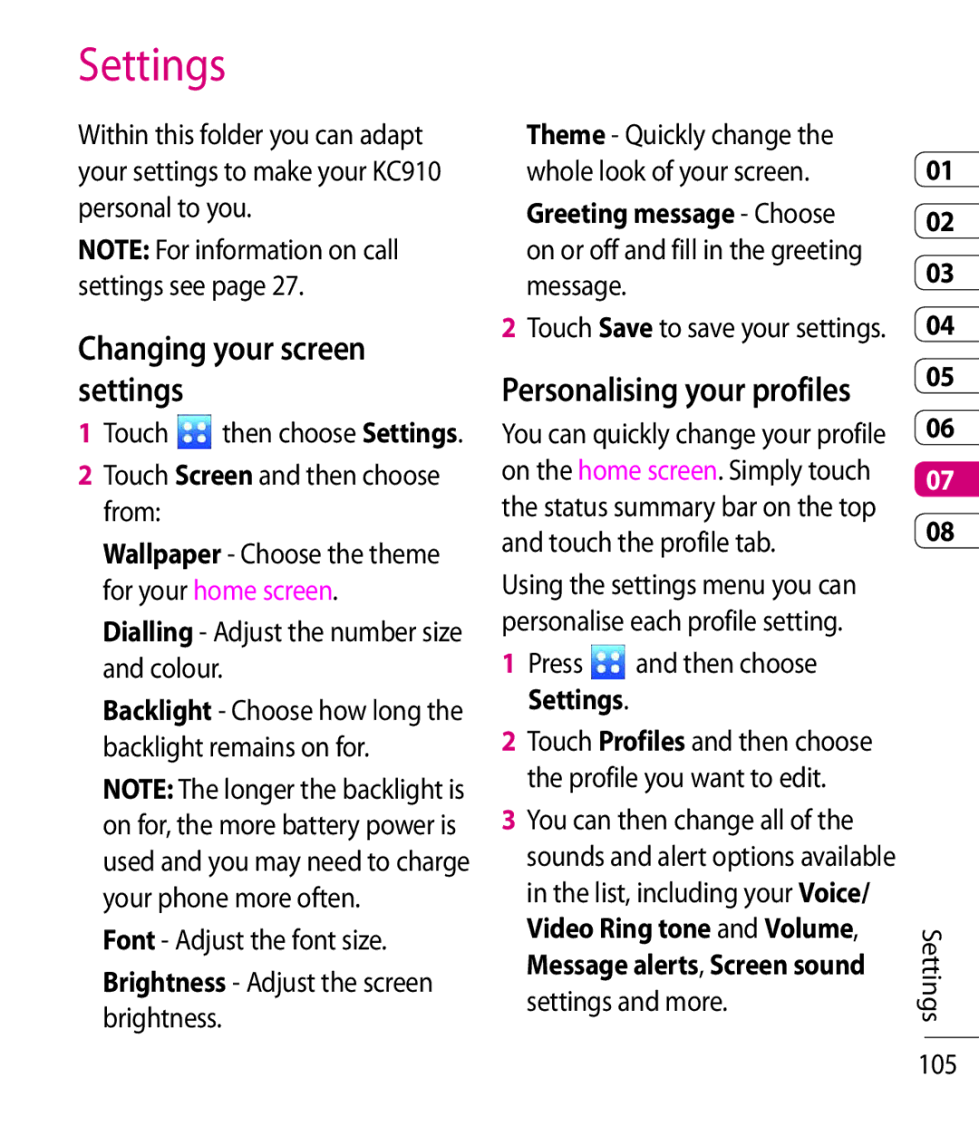 LG Electronics KC910 manual Settings, Changing your screen settings, Personalising your profiles 