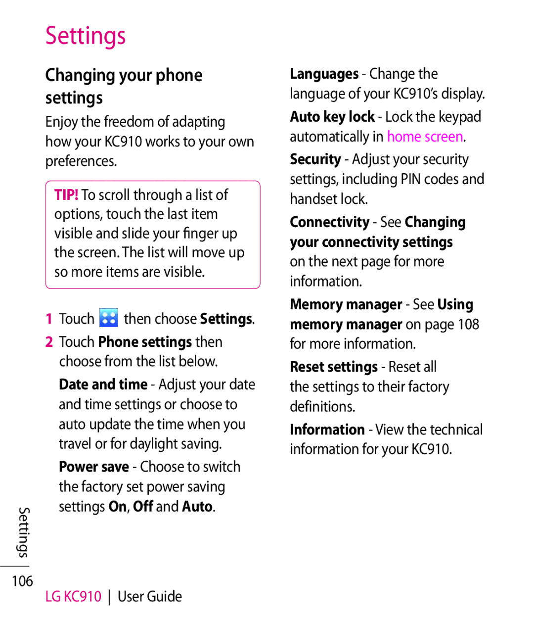 LG Electronics KC910 manual Changing your phone settings, Choose from the list below, Travel or for daylight saving 