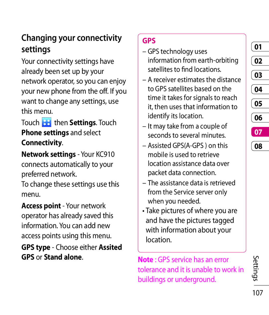 LG Electronics KC910 manual Changing your connectivity settings, Touch then Settings. Touch, Settings 107 