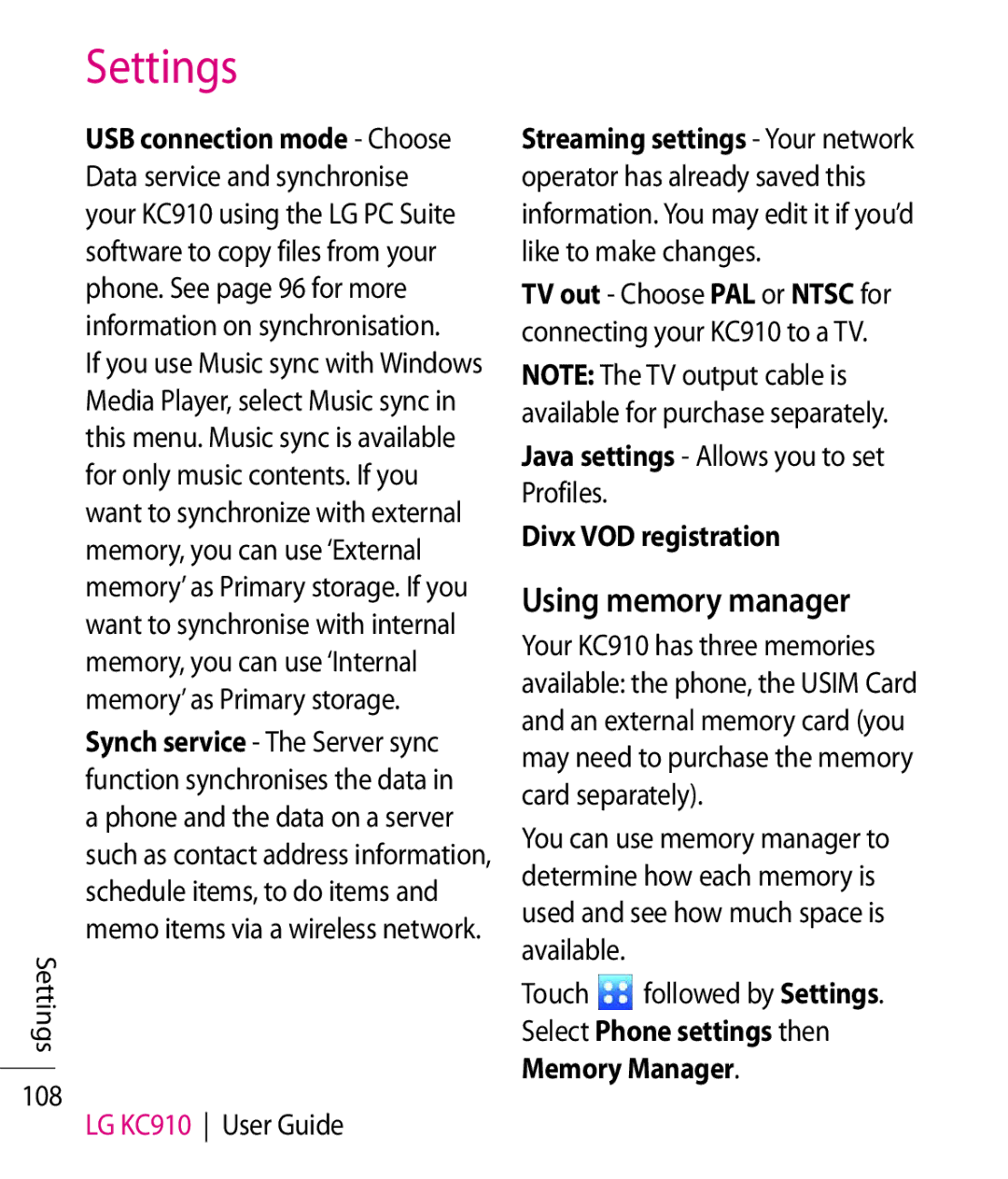 LG Electronics manual Using memory manager, Settings 108 LG KC910 User Guide, Touch followed by Settings 