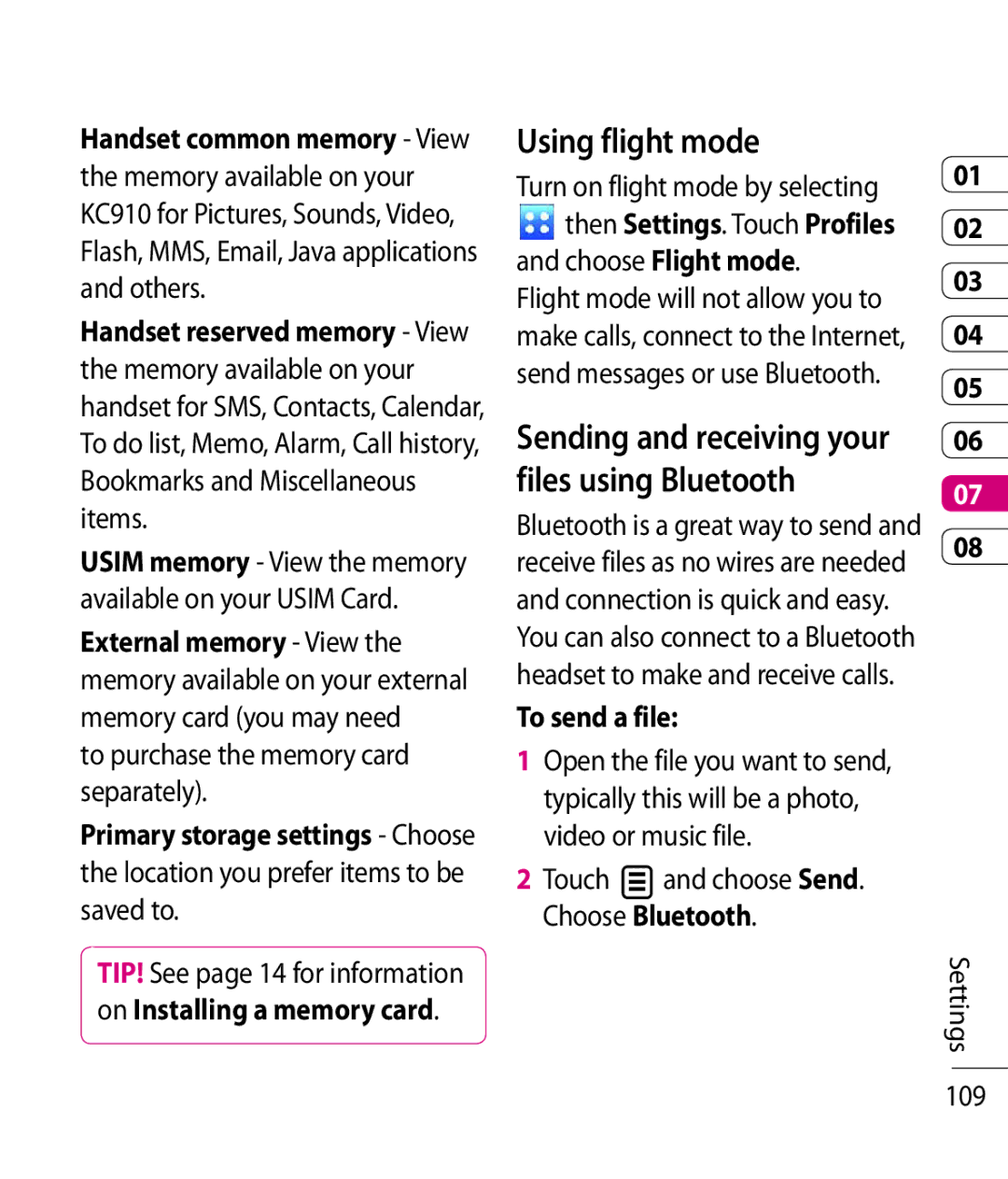 LG Electronics KC910 manual Using flight mode, Sending and receiving your files using Bluetooth, To send a file 