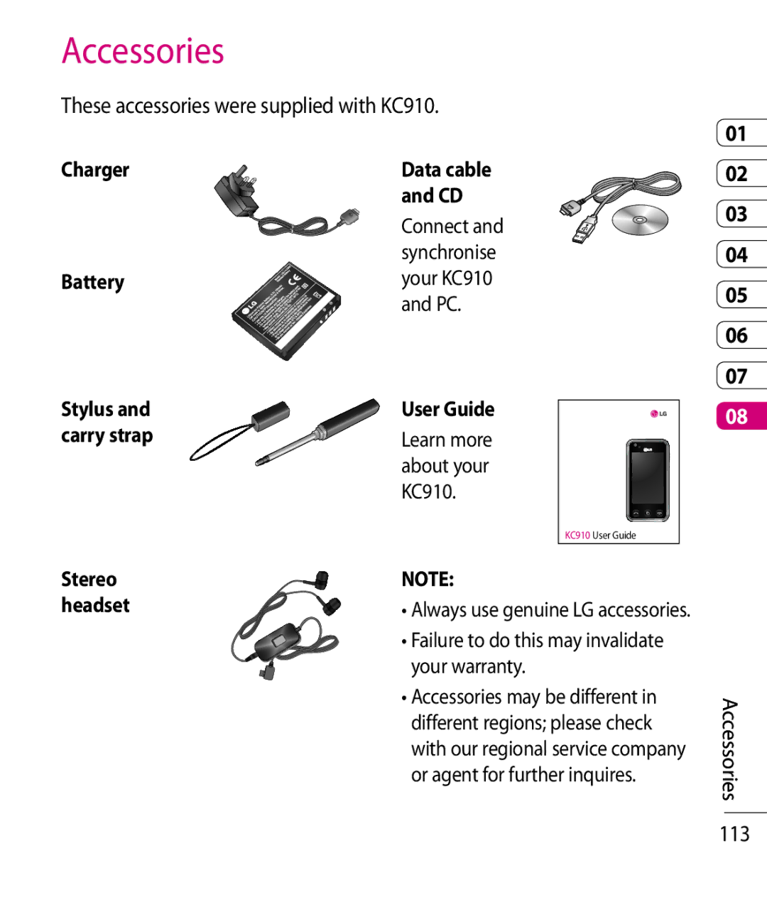 LG Electronics KC910 manual Accessories 