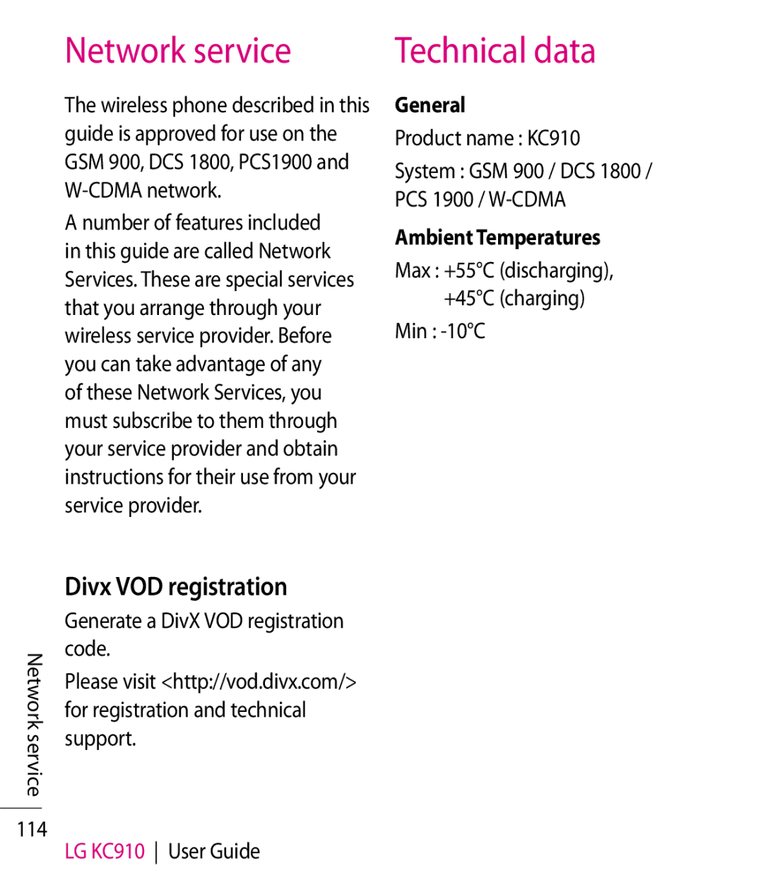 LG Electronics KC910 manual Network service, Technical data, Divx VOD registration, General, Ambient Temperatures 