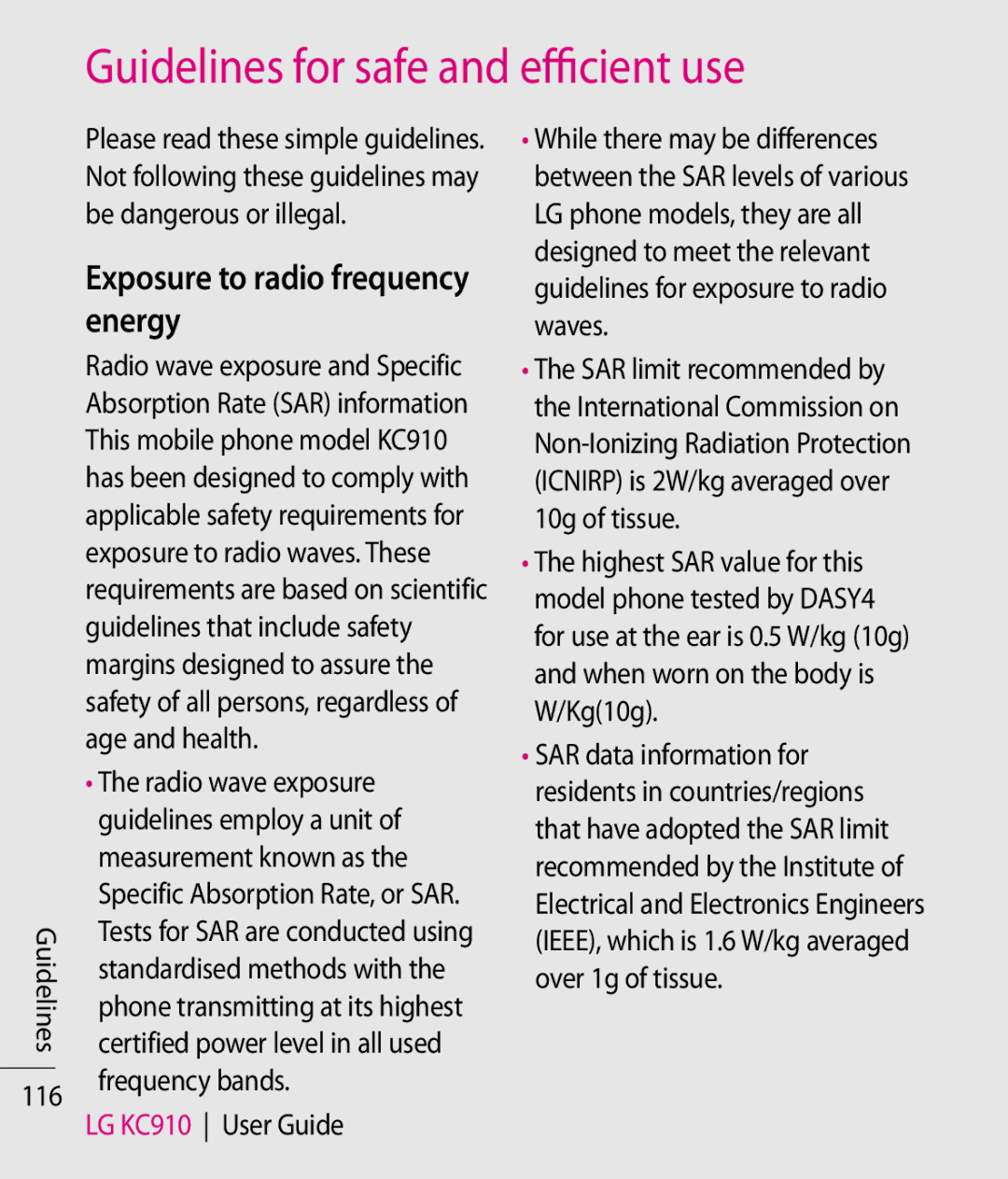 LG Electronics KC910 manual Guidelines for safe and efficient use, Exposure to radio frequency energy, Guidelines 116 