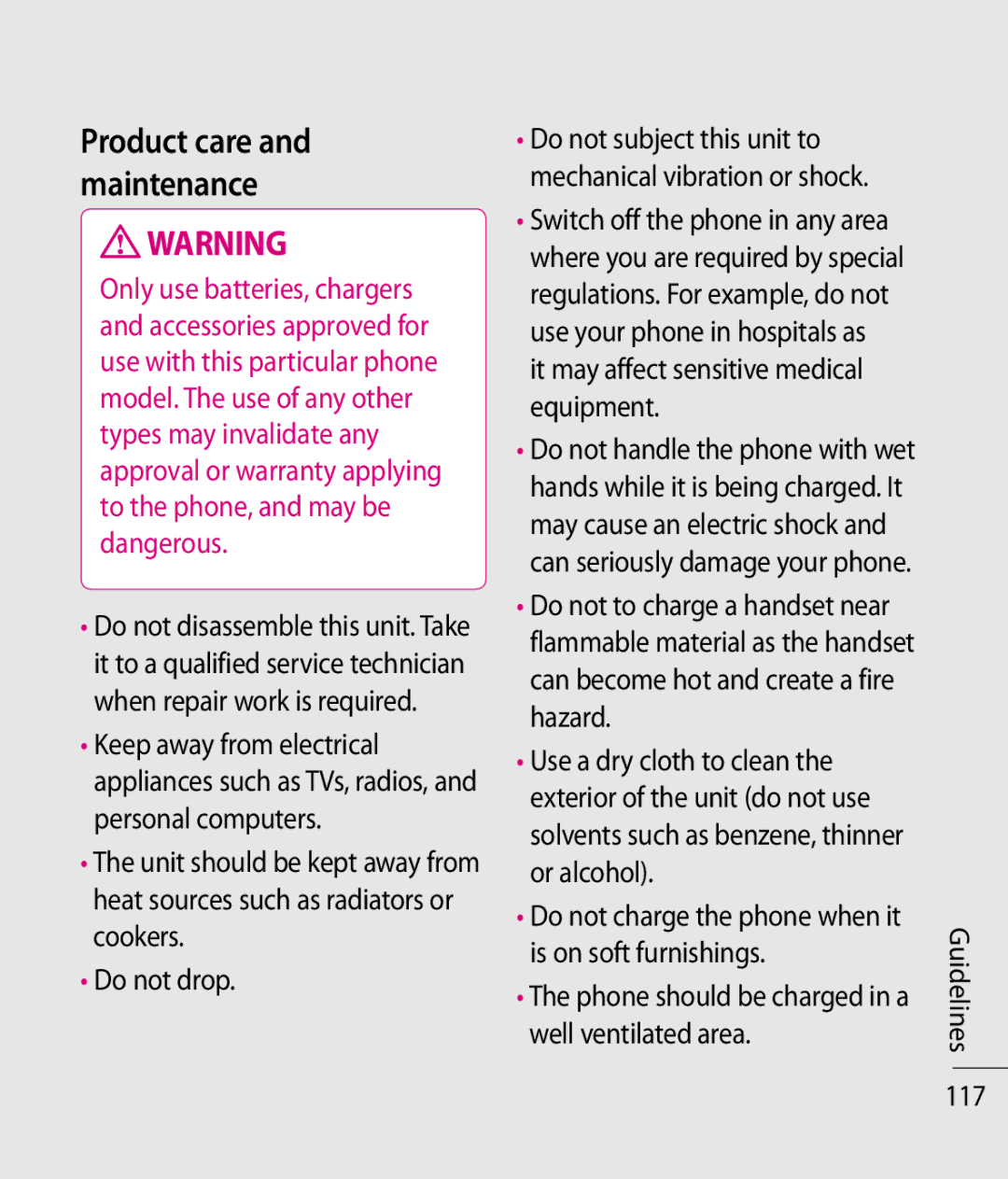 LG Electronics KC910 manual It may affect sensitive medical equipment, Product care and maintenance 