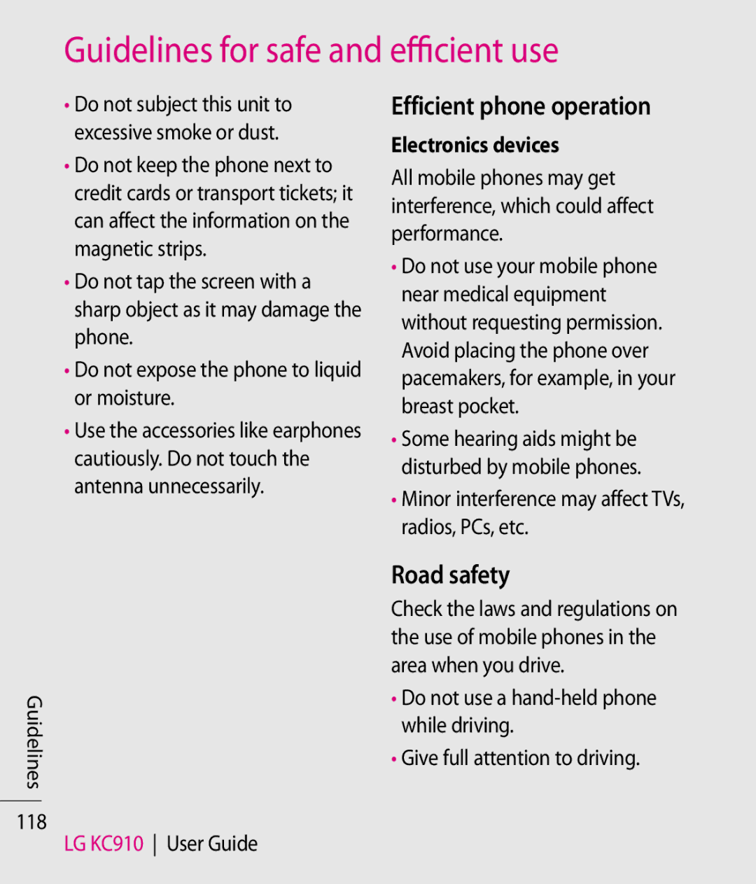 LG Electronics KC910 manual Efficient phone operation, Road safety, Electronics devices 