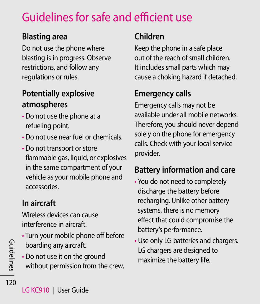 LG Electronics KC910 manual Blasting area, Children, Aircraft, Emergency calls, Battery information and care 