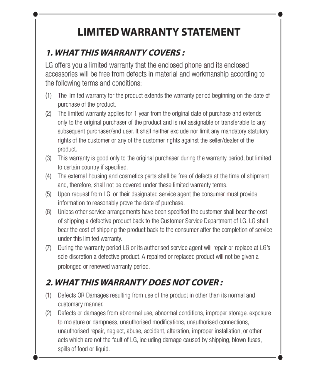 LG Electronics KC910 manual Limited Warranty Statement 