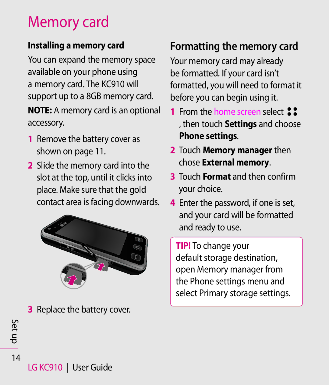 LG Electronics KC910 manual Memory card, Formatting the memory card, Installing a memory card 