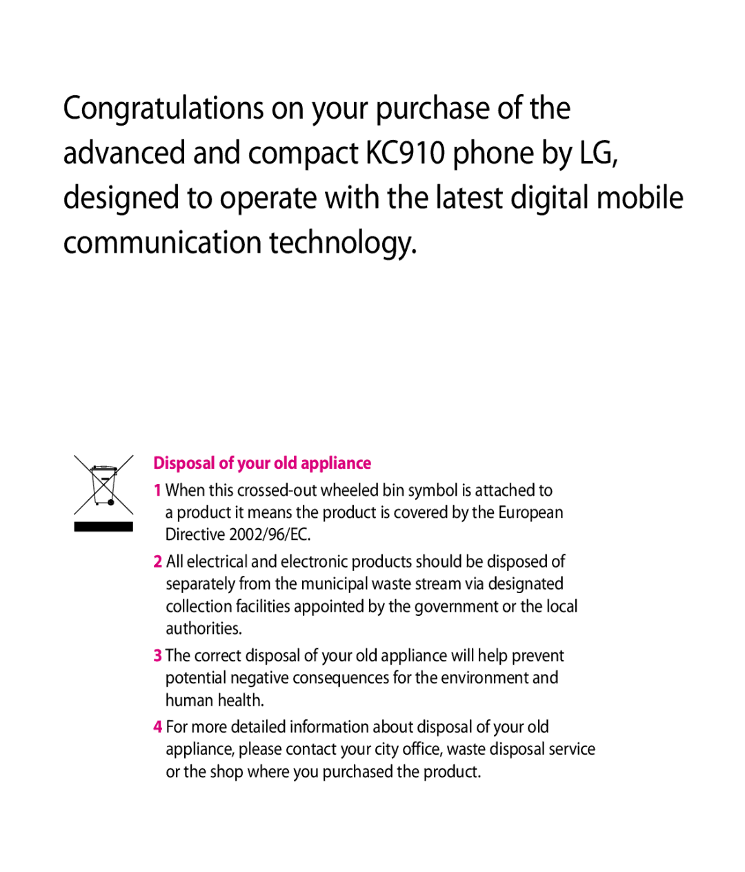 LG Electronics KC910 manual Disposal of your old appliance 