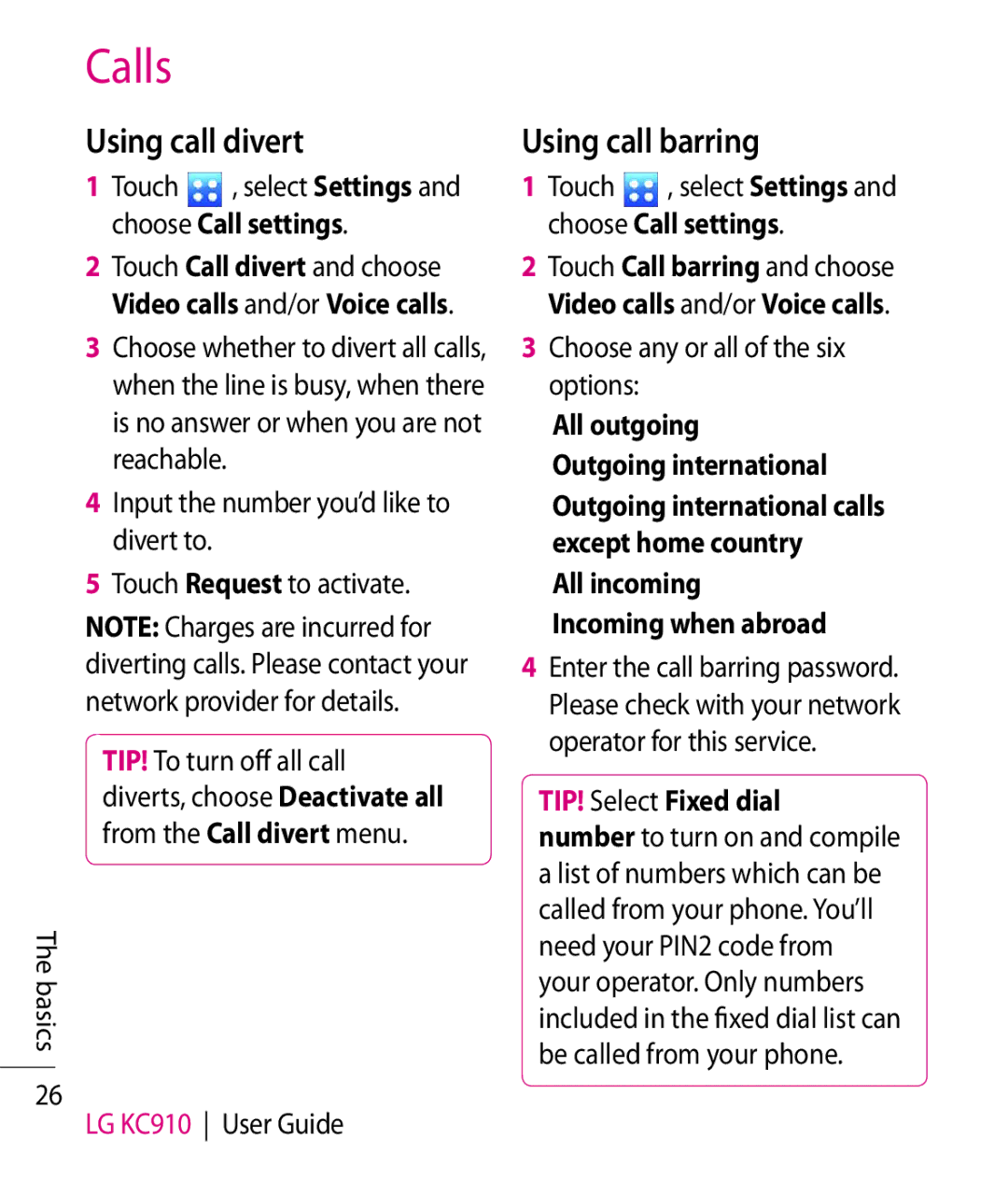 LG Electronics KC910 manual Using call divert, Using call barring, Choose Call settings, TIP! Select Fixed dial 