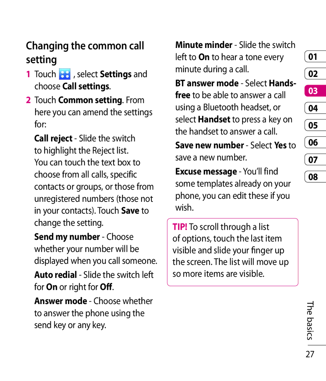 LG Electronics KC910 manual Changing the common call setting, TIP! To scroll through a list 