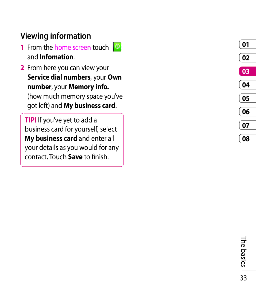 LG Electronics KC910 manual Viewing information, From the home screen touch and Infomation 