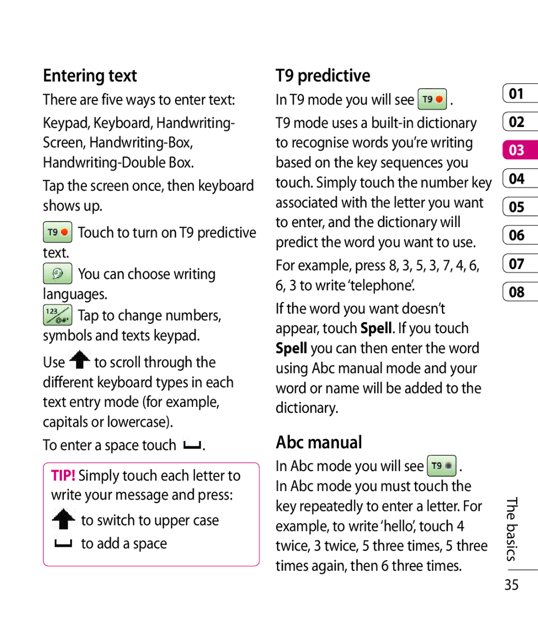 LG Electronics KC910 Entering text, T9 predictive, Abc manual 