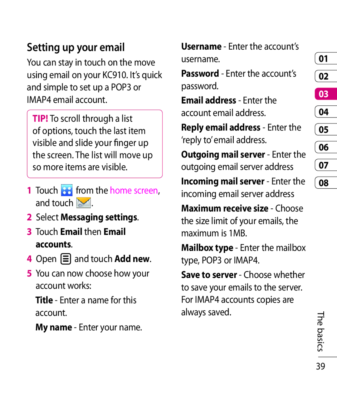 LG Electronics KC910 manual Setting up your email, Select Messaging settings 