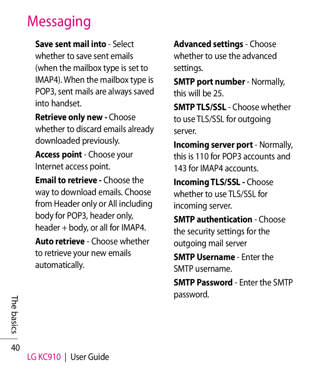 LG Electronics manual Basics LG KC910 User Guide, Smtp Password Enter the Smtp password 