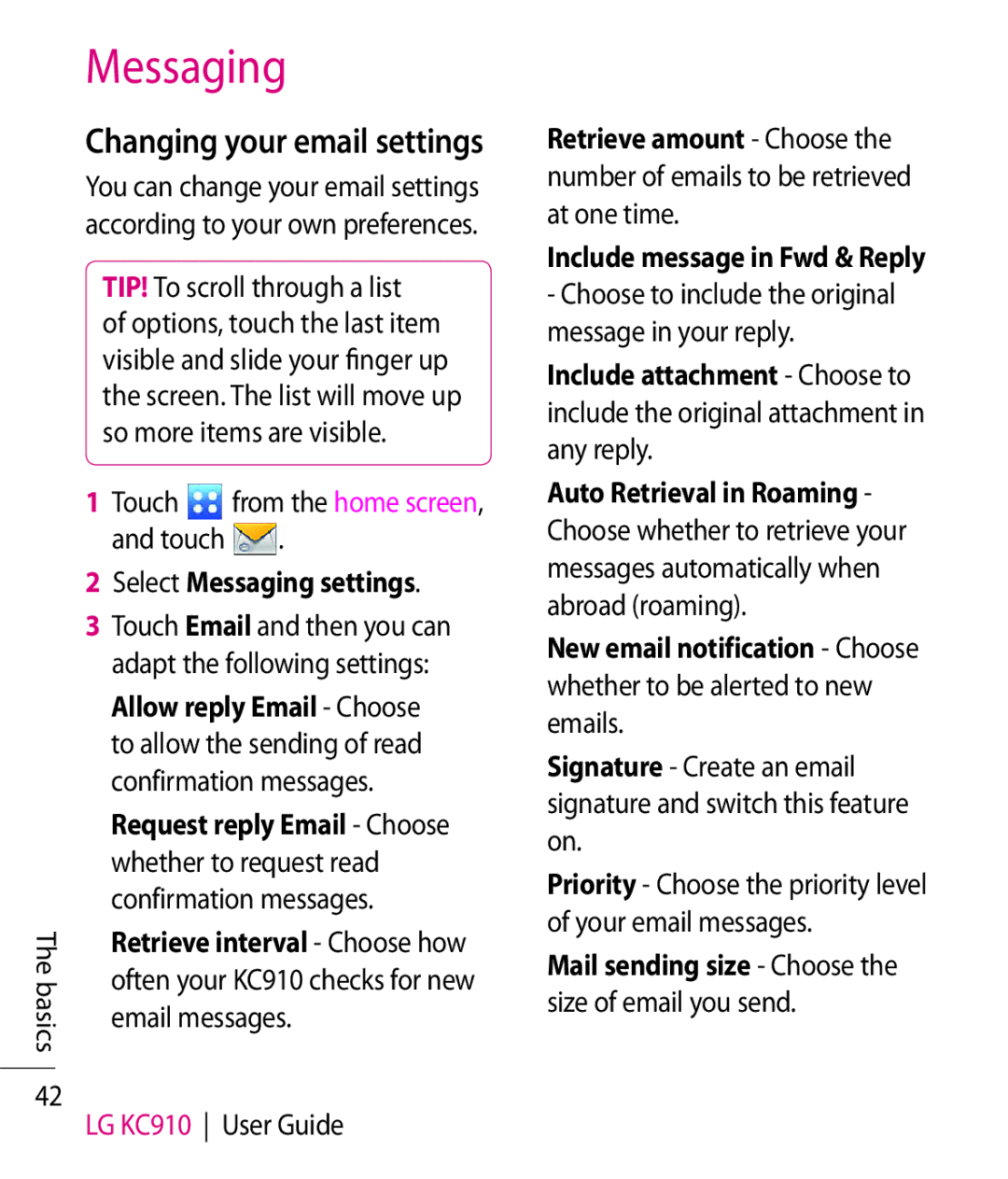 LG Electronics KC910 manual Changing your email settings 