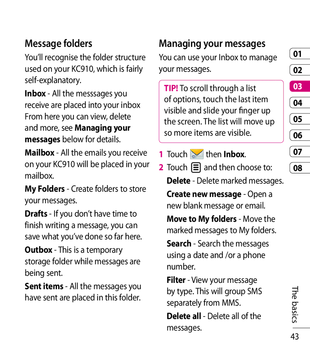 LG Electronics KC910 manual Message folders, Managing your messages, Touch then Inbox 