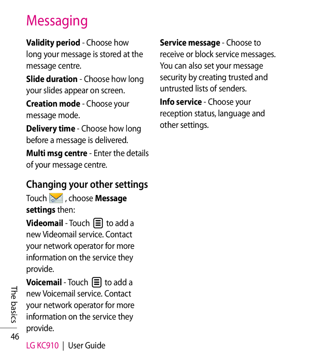 LG Electronics KC910 manual Changing your other settings, Creation mode Choose your message mode, Settings then 